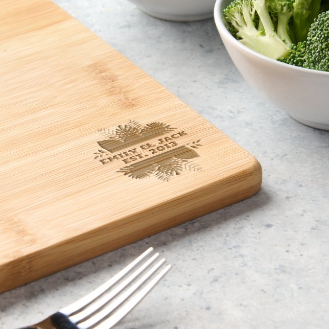 Modern Wedding Monogram Floral  Engraved Cutting Board (Kitchen)