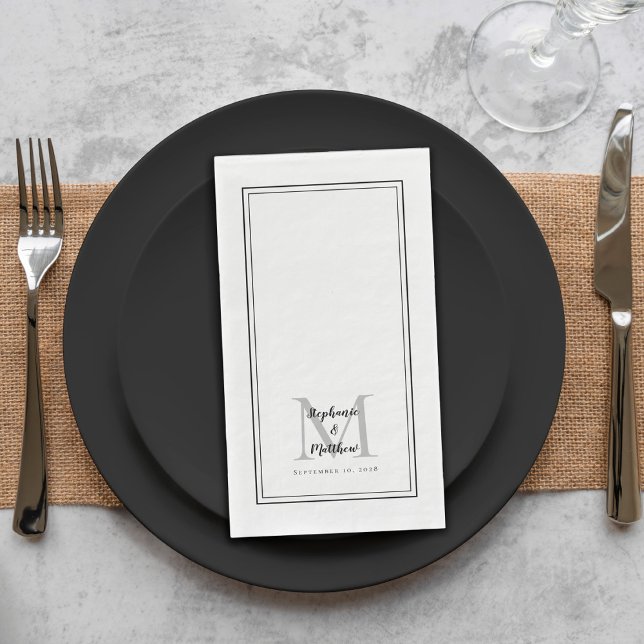 Modern Wedding Monogram Names & Date Black White Paper Guest Towels (Creator Uploaded)