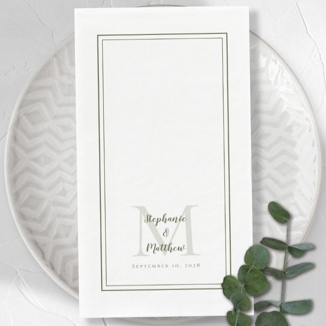 Modern Wedding Monogram Names & Date Olive Green Paper Guest Towels (Modern Wedding Monogram Names & Date Olive Green Paper Guest Towels)