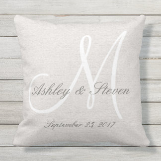 Modern Wedding Monogram Rustic Linen Look Outdoor Pillow