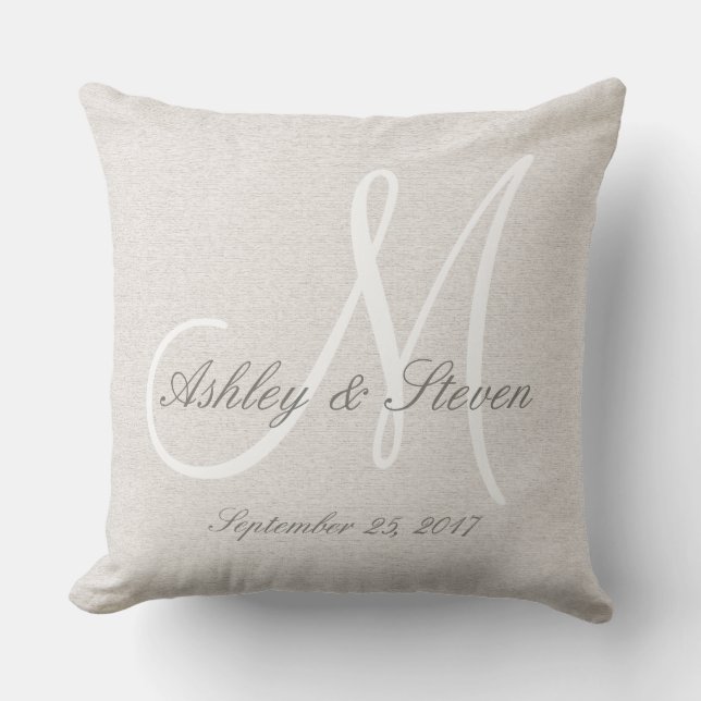 Modern Wedding Monogram Rustic Linen Look Outdoor Pillow (Front)
