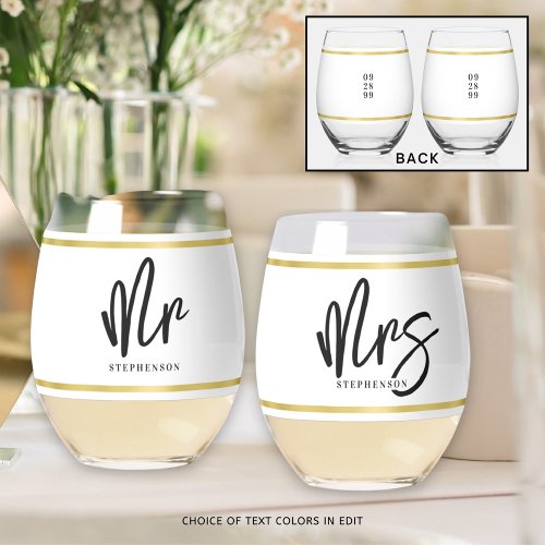 Modern Wedding MR MRS Faux Gold Personalized Stemless Wine Glass