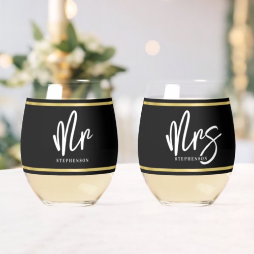 Modern Wedding MR MRS Faux Gold Personalized Stemless Wine Glass