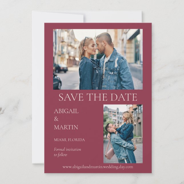Modern Wedding Mulberry Burgundy 2 Photo  Save The Date (Front)