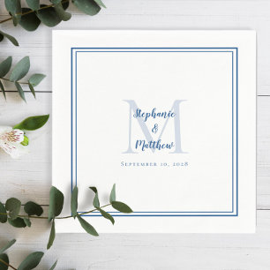 Modern Wedding Names & Date Monogram Blue White Napkins