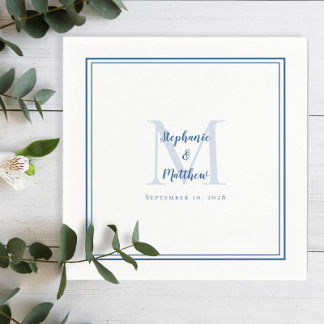 Modern Wedding Names & Date Monogram Blue White Napkins