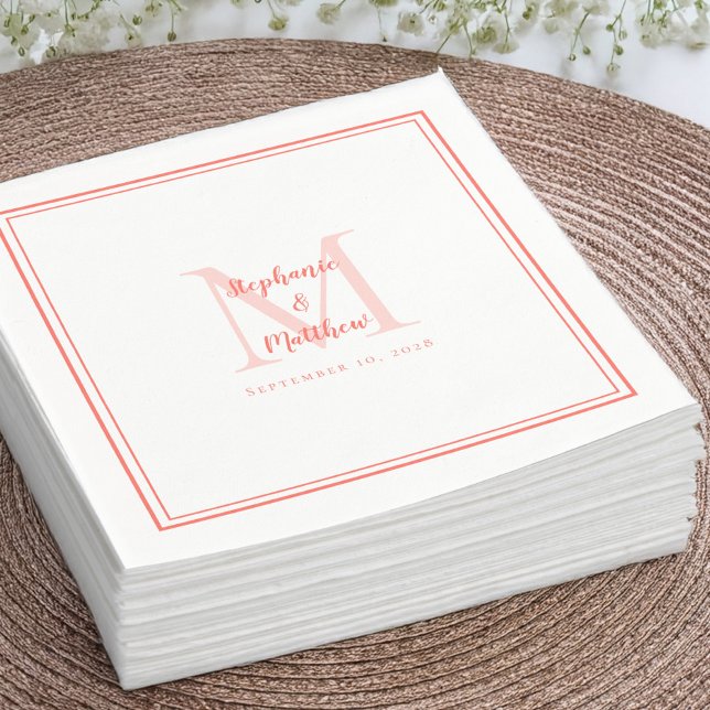 Modern Wedding Names Date Monogram Coral Cocktail Napkins (Modern Wedding Names Date Monogram Coral Cocktail Napkins)