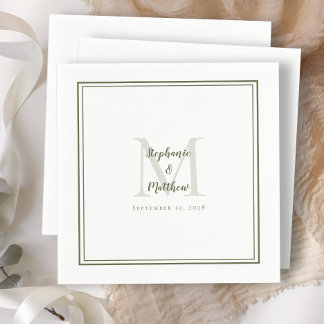 Modern Wedding Names & Date Monogram Olive Green Napkins