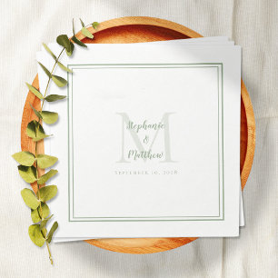 Modern Wedding Names & Date Monogram Sage Green Napkins