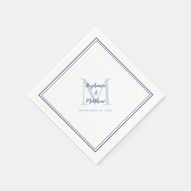 Modern Wedding Names & Date Monogrammed Blue Napkins (Corner)
