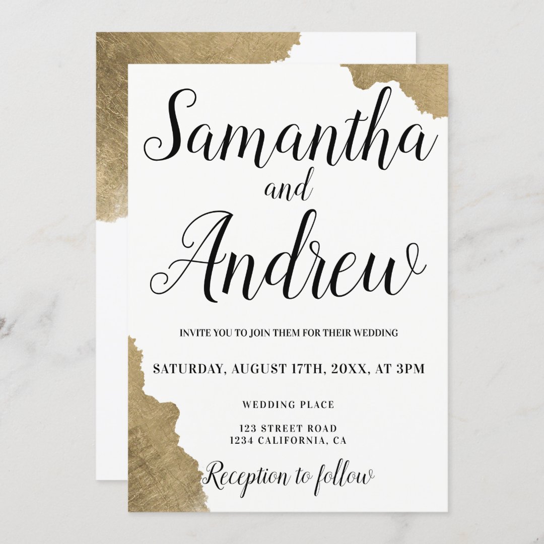 Modern Wedding Names Typography Black Gold Brush Invitation 