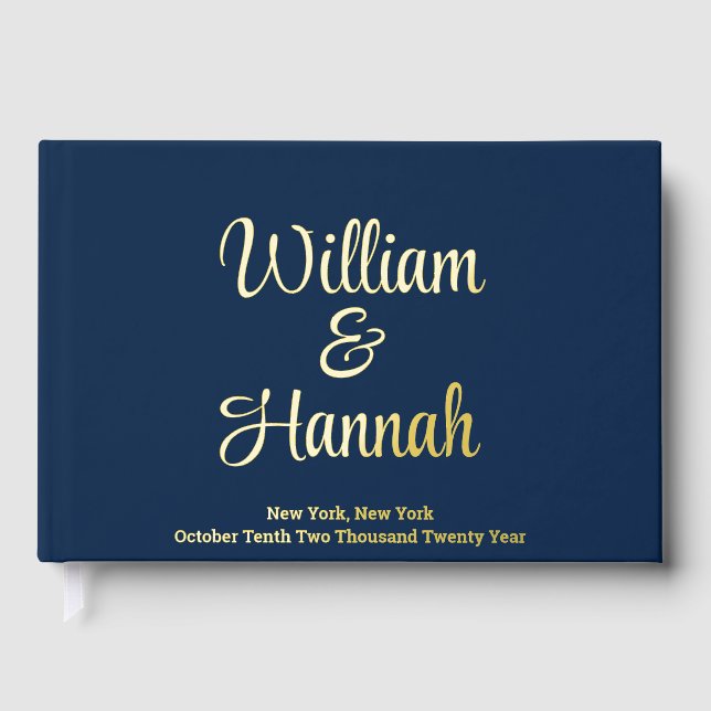 Modern Wedding Navy Blue with Gold Foil Hardcover Foil Guest Book (Front)