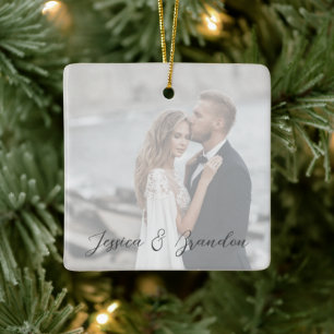 Modern Wedding Newlyweds Script Photo Overlay Ceramic Ornament