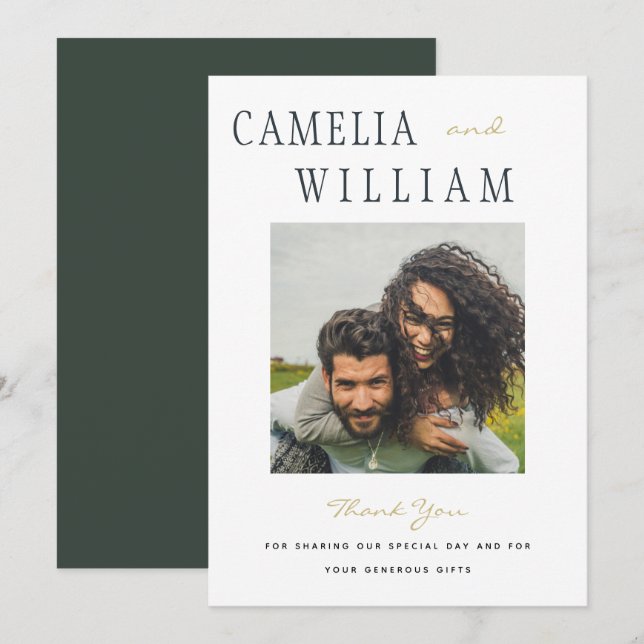 Modern Wedding Olive Green Gold THANK YOU PHOTO Invitation (Front/Back)