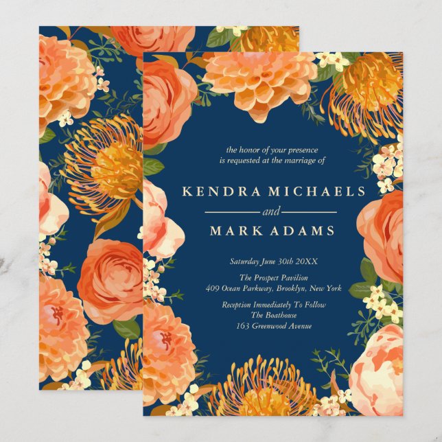 Modern Wedding, Orange Floral Wreath Invitations (Front/Back)