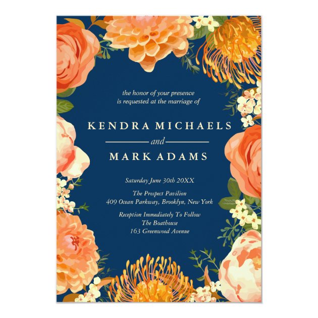 Modern Wedding, Orange Floral Wreath Invitations