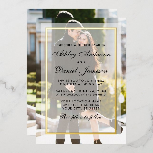 Modern Wedding Overlay Front Back Photo Gold Foil Invitation (Front/Back)