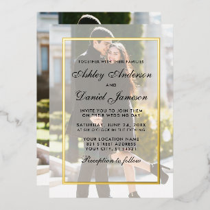 Modern Wedding Overlay Front Back Photos Gold Foil Invitation