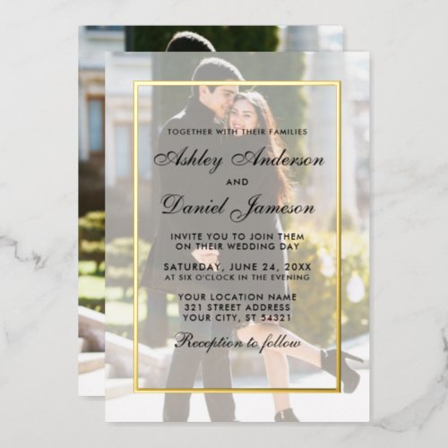 Modern Wedding Overlay Front Back Photos Gold Foil Invitation