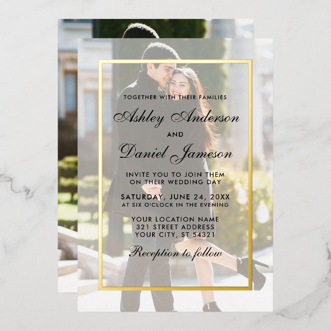 Modern Wedding Overlay Front Back Photos Gold Foil Invitation (Front/Back)