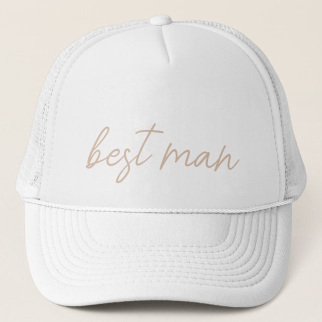 Modern Wedding Party | Beige Script Trucker Hat (Front)