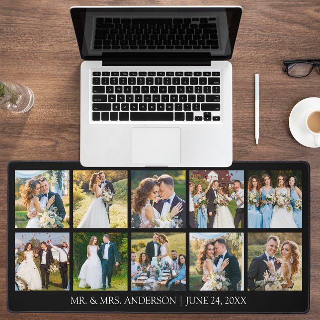 Modern Wedding Photo Collage - Choose Your Color Desk Mat (Customize to change text size, text style or background color.)