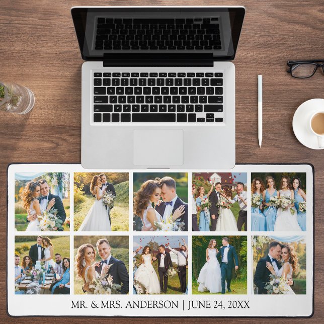 Modern Wedding Photo Collage Desk Mat (Customize to change text size, text style or background color.)