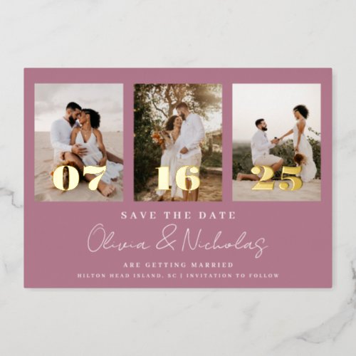 Modern Wedding Photo Collage Mauve Save The Date  Foil Invitation
