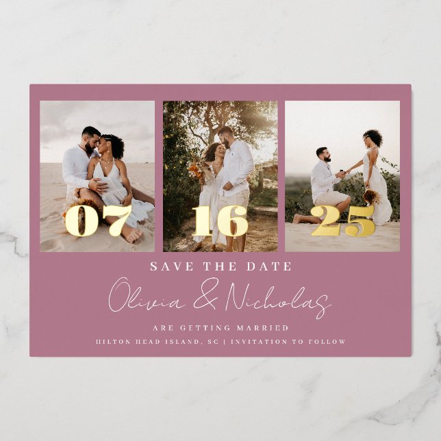 Modern Wedding Photo Collage Mauve Save The Date  Foil Invitation (Front)