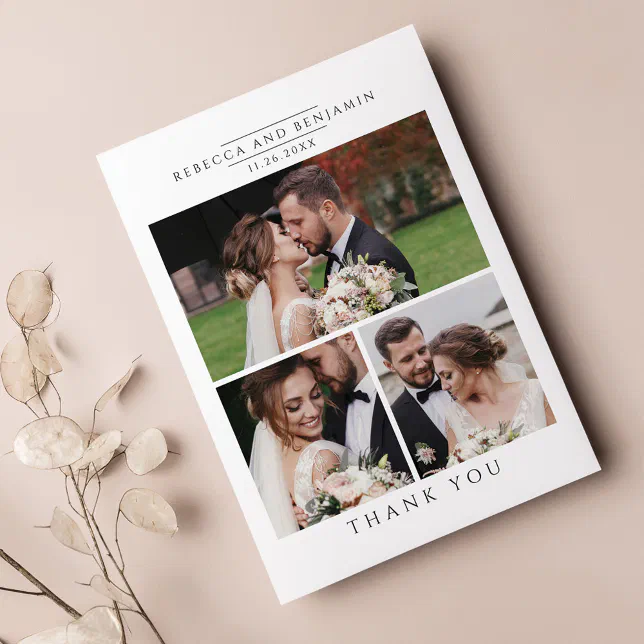 Modern Wedding Photo Collage Minimalist Thank You Card | Zazzle