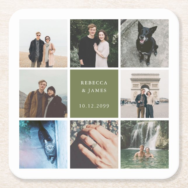 Modern Wedding Photo Collage Picture Grid Square Paper Coaster (Front)