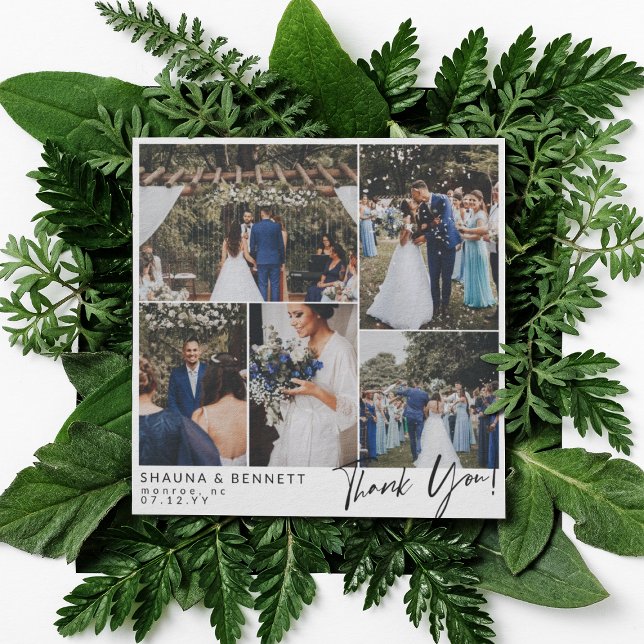 Modern Wedding Photo Collage Square Thank You Card (Creator Uploaded)