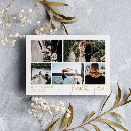 Modern Wedding Photo Collage Thank You Gold Foil Invitation