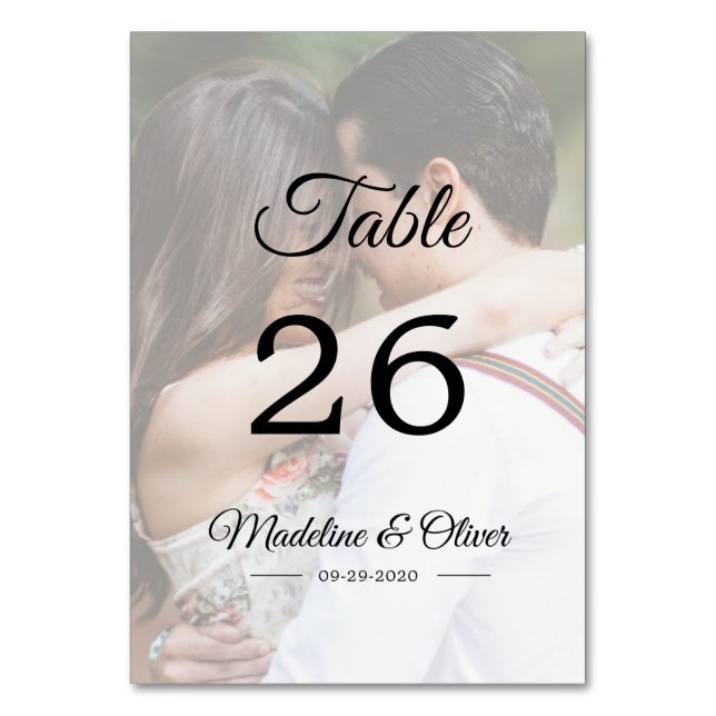 Modern Wedding Photo Elegant Script Table Number (Front)