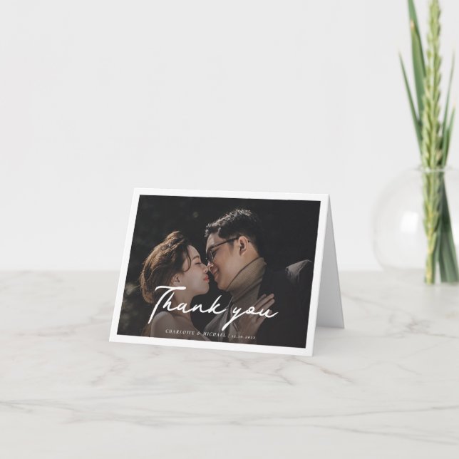 Modern Wedding Photo Hand-Lettered Script Letterpress Thank You Card (Front)