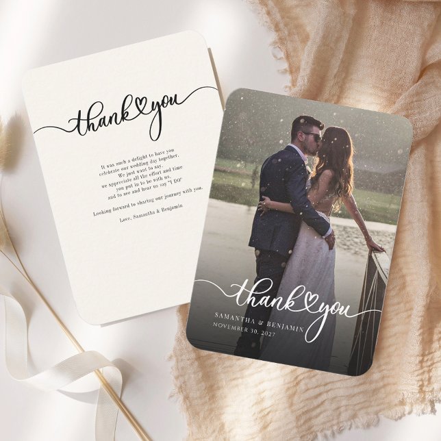 Modern Wedding Photo Hand-Lettered Thank You Note Card (Wedding Day Photo Modern Rounded Corner Thank You Notecard)