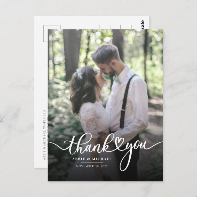 Modern Wedding Photo Hand-Lettered  Thank You Postcard (Front/Back)