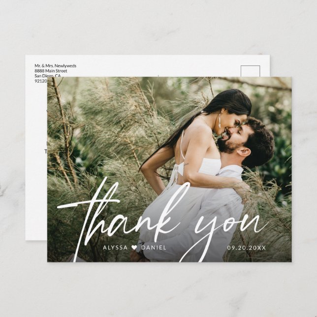 Modern Wedding Photo Handlettered Script Thank you Postcard (Front/Back)