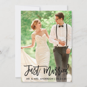 Modern Wedding Photo Just Married Brush Script Announcement
