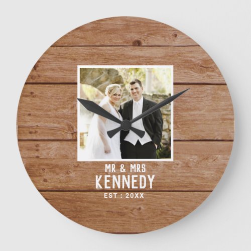 Modern Wedding Photo Light Brown Wood Farmhouse  Large Clock