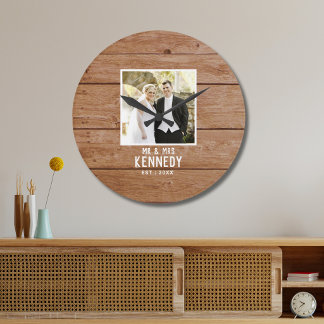 Modern Wedding Photo Light Brown Wood Farmhouse Large Clock