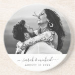 Modern Wedding Photo Memory Elegant Script Coaster<br><div class="desc">Beautiful photo coaster with your personal picture alongside your name and date in modern script typography,  this minimal design makes your favorite moment shine.</div>