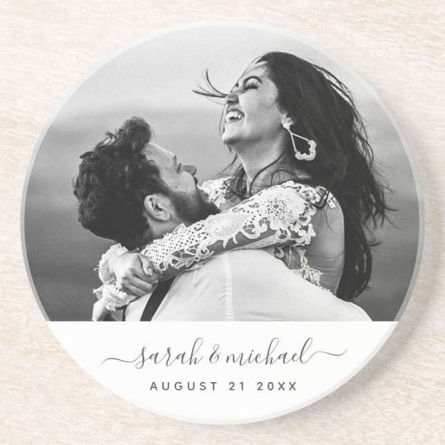 Modern Wedding Photo Memory Elegant Script Coaster (Front)