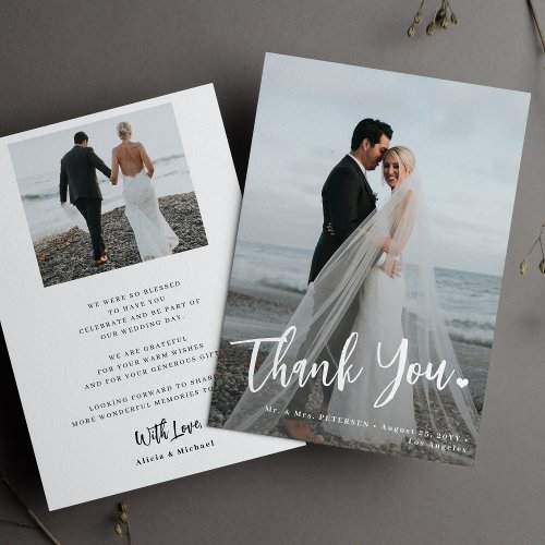 Modern wedding photo overlay 2 photo simple thank you card