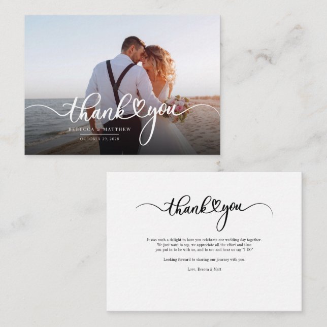 Modern Wedding Photo Script Thank You Note Card (Front/Back)