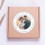 Modern Wedding Photo Thank You Classic Round Sticker<br><div class="desc">This wedding thank you sticker features gray circle frames with a photo and simple calligraphy.</div>
