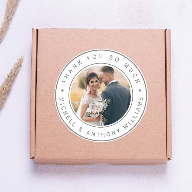 Modern Wedding Photo Thank You Classic Round Sticker (Creator Uploaded)