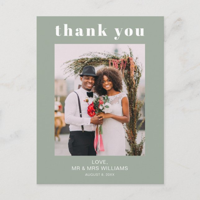 Modern Wedding Photo Thank You Sage Green Postcard (Front)
