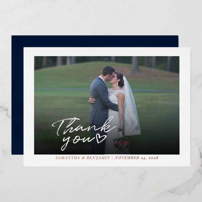 Modern Wedding Photo Thank You Script Rose Gold Foil Invitation (Front/Back)