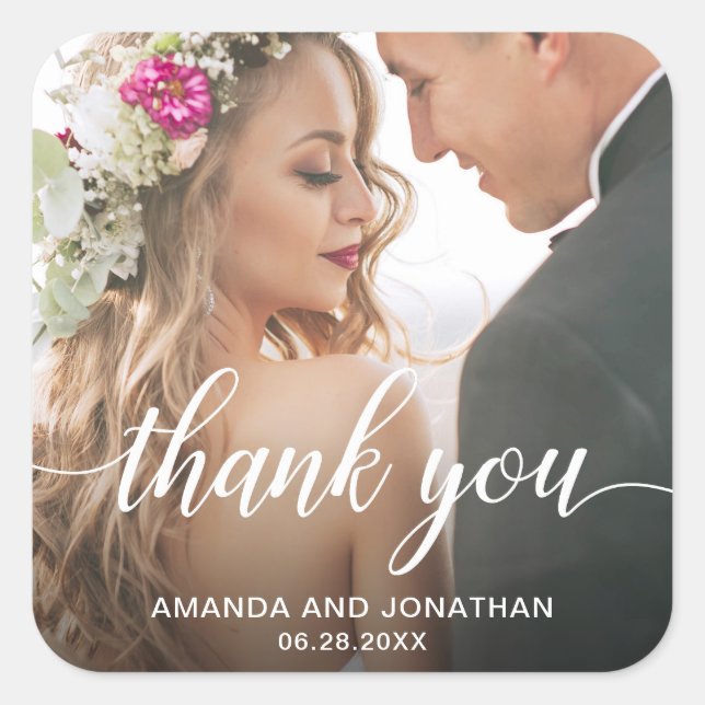 Modern Wedding Photo Thank You Square Sticker (Front)